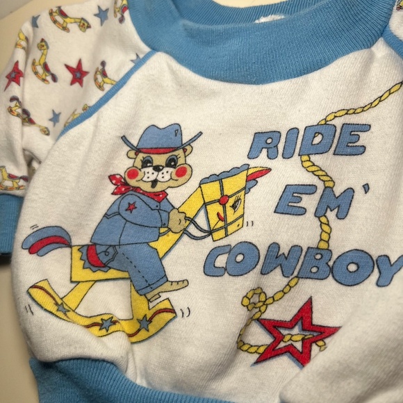 Vintage Ride Em' Cowboy Teddy Bear Sweater Lasso Rocking Horse Stars Baby Blue - Picture 2 of 9